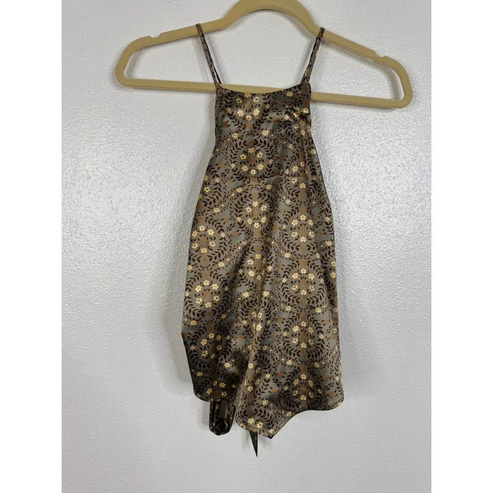 Intimately Free People Floral Halter Top Brown Gold Satin Tie Back Small S P